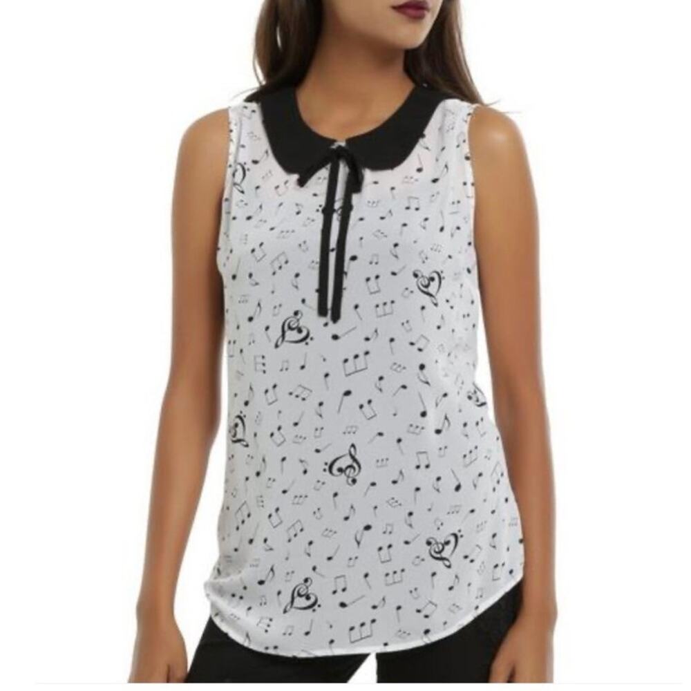 HOT TOPIC Music Note Peter Pan Collar Tie Front Sleeveless Chiffon Blouse ~ MED